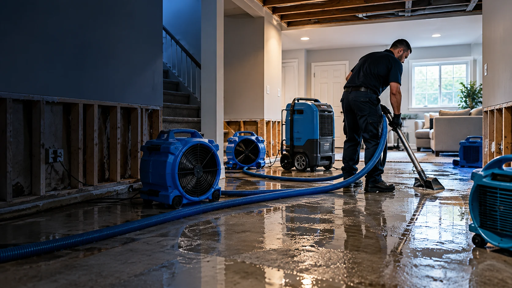 Illustration of water extraction and drying in a flooded basement